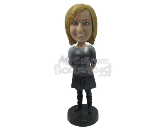 Smart and Bold Woman Standing Upright with Trendy Boots and Hands Clenched Personalized Bobblehead Smart and Bold Woman Standing Upright with Trendy Boots and Hands Clenched Personalized Bobblehead
